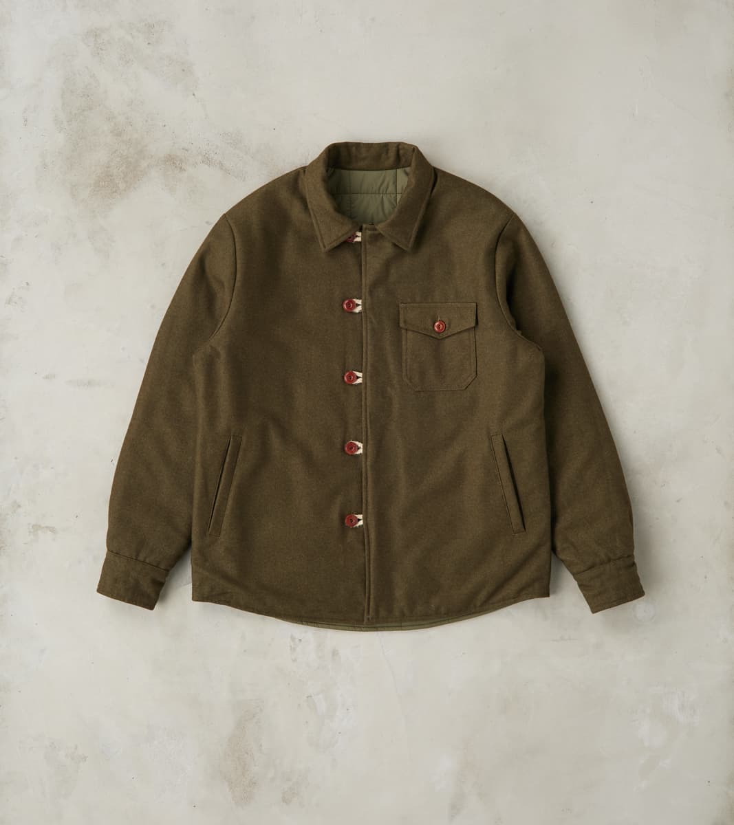 Hebron 796 Reversible Naval Shirt Jacket - Olive Washed Wool Flannel & Quilted Satin