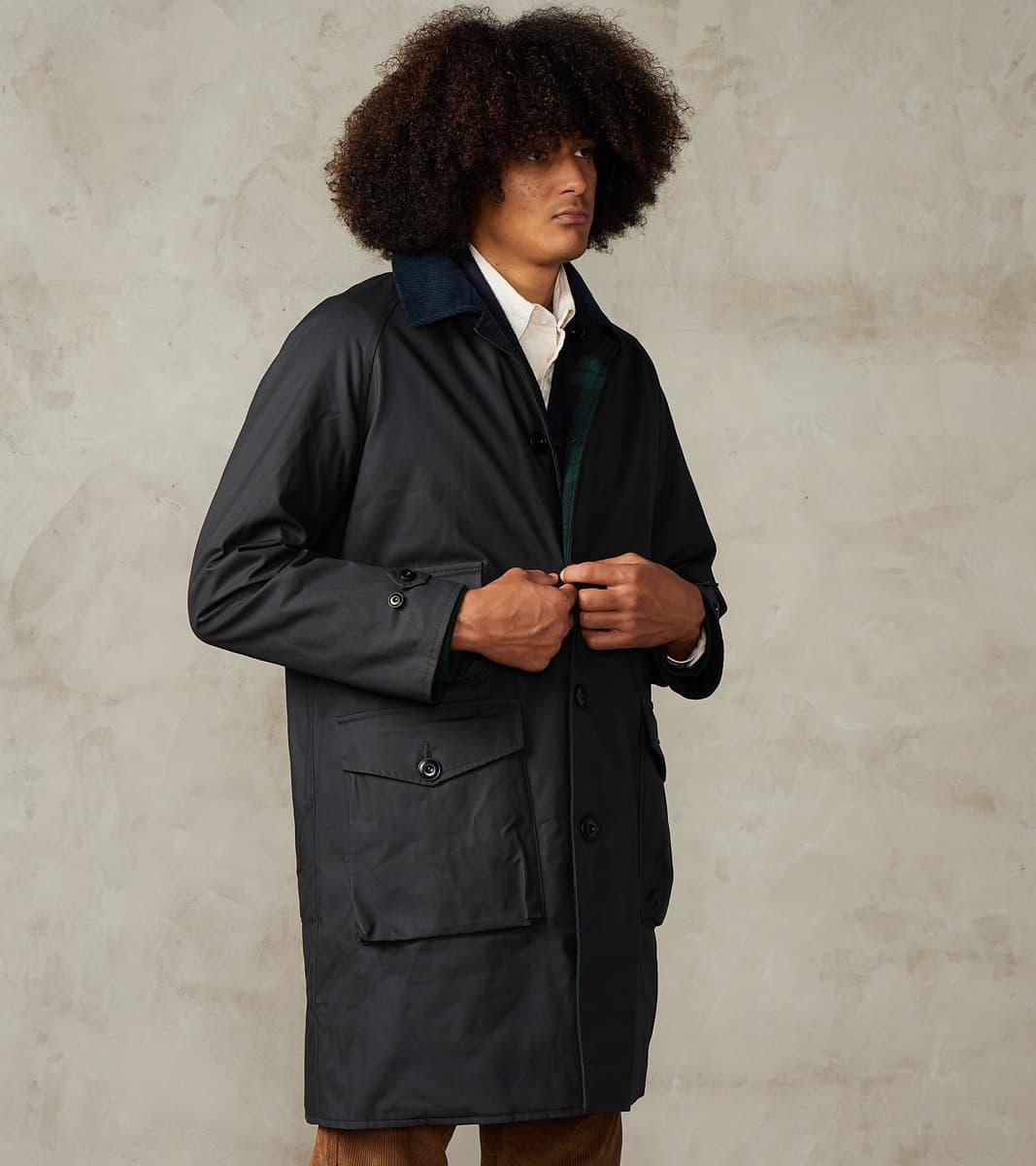 Murray 670 Reversible Raglan Trench Coat - Black Waxed Canvas & Blackwatch Woolen