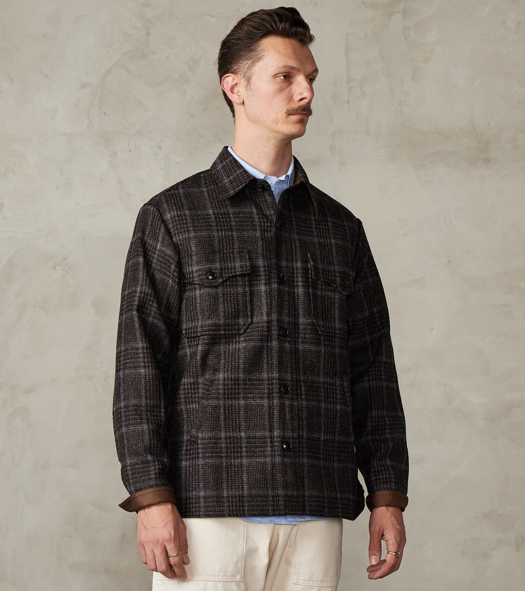 FxDR Ringo Overshirt - Fox Brothers® Wool Twill Tweed - Stag Brown Black Sky Glen Check