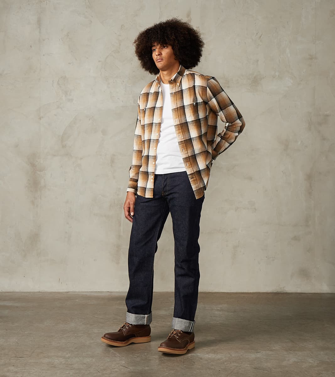 Japanese Geometric Check Shaggy Flannel Camper - Khaki & Black