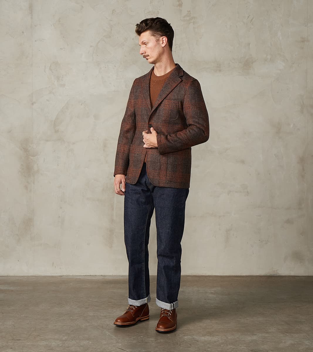 GVxDR Simple Jacket - Fox Brothers® Wool Twill Tweed - Amber Brown Windowpane Check