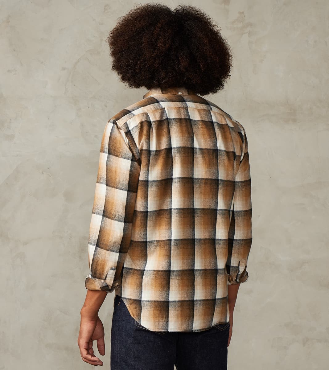 Japanese Geometric Check Shaggy Flannel Camper - Khaki & Black