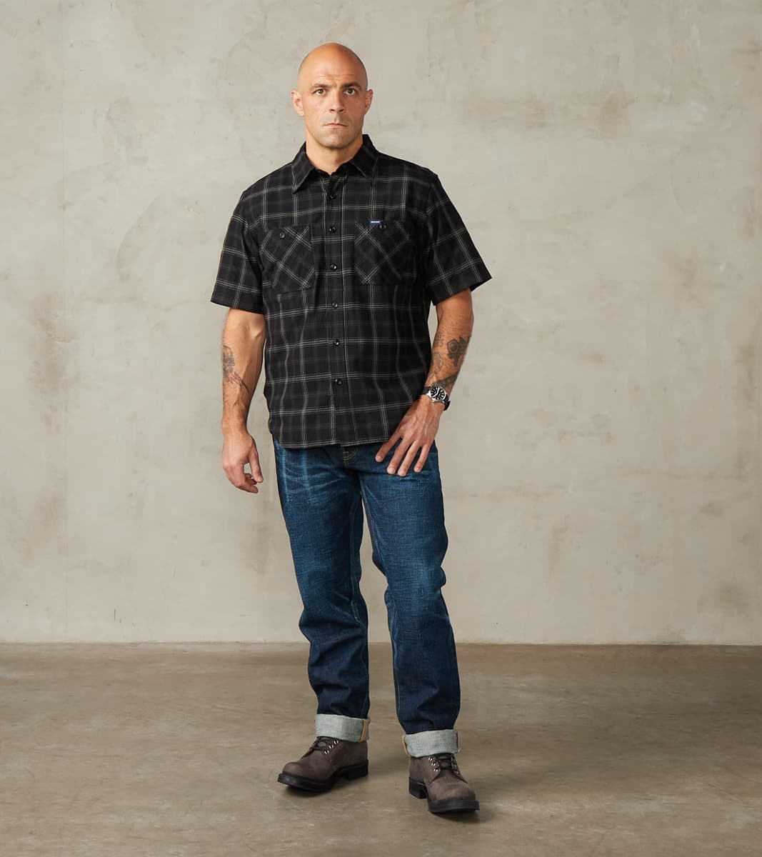 Iron Heart 419-BLK - Short Sleeved Work Shirt - 5oz Selvedge Madras Bl…